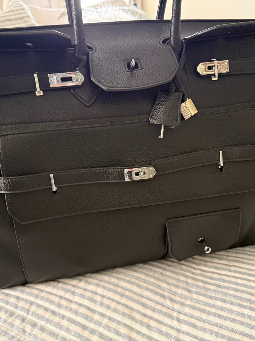 Classic Black Leather Tote Bag with Silver Hardware